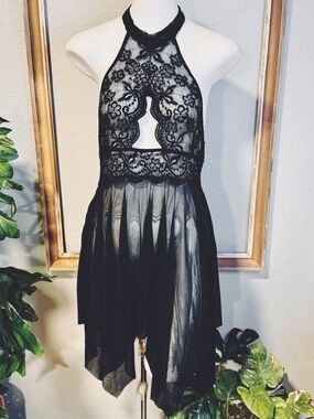 Women’s Black Lace Halter Babydoll Lingerie Dress Sheer Mesh Open Back XL